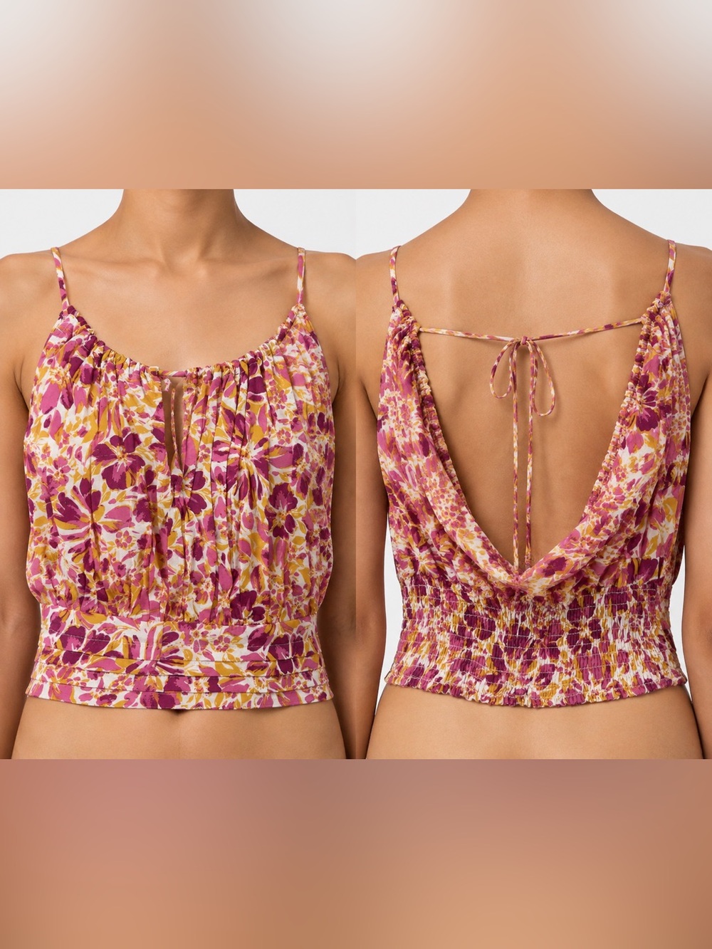 Japna Floral Cowl-Back Crop Tank in Pink and Yellow